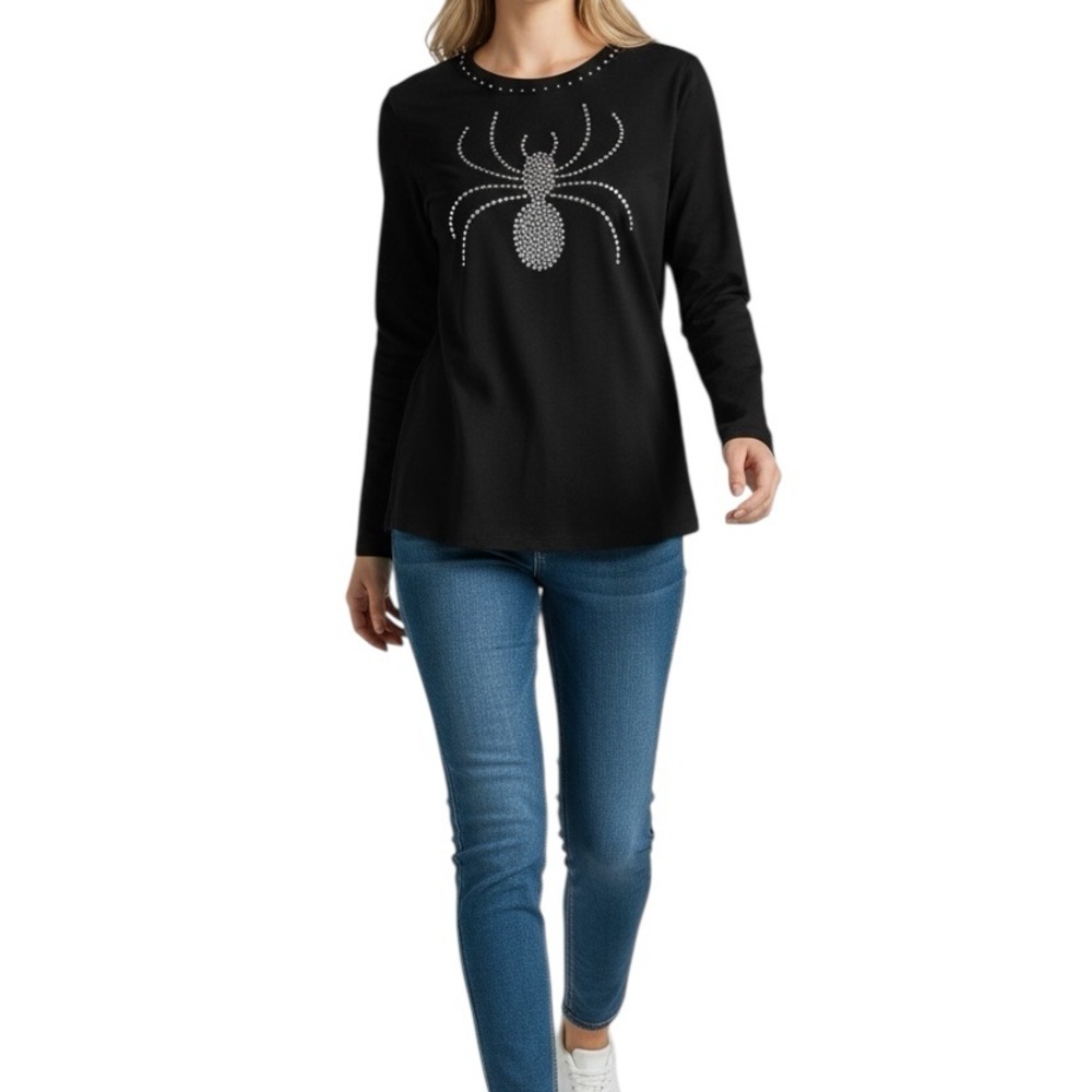 Central Park West Spider Rhinestone Sweatshirt Black Long Sleeve Top Size XL